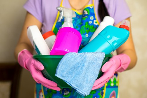 Carpet cleaning team preparing a safe workspace
